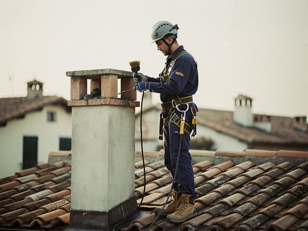 Operatore durante il controllo di un camino residenziale